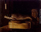 Still Life Of A Carp In A Bowl Placed On A Wooden Box, All Resting On A Table